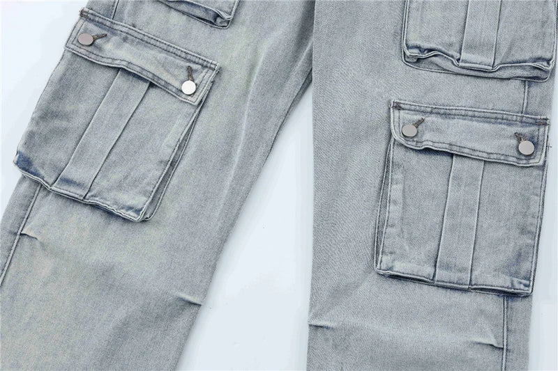 2024 multi pocket jeans vintage mens harajuku cargo denim pants retro hip hop straight loose jean pants unique cargo style 909