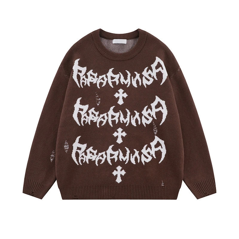 rainbowtouches men sweaters high street letter graffiti holes trendy pullover vintage loose knitted sweater spring and autumn - vintage look oversized hoodie, anime inspired graphic hoodie, high quality cotton hoodie