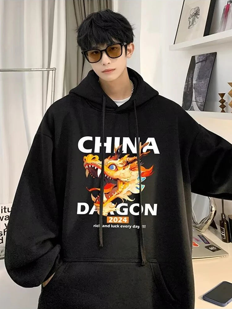 2024 New China Dragon Graphic Hoodies Men Hip Hop Streetwear Hoodie