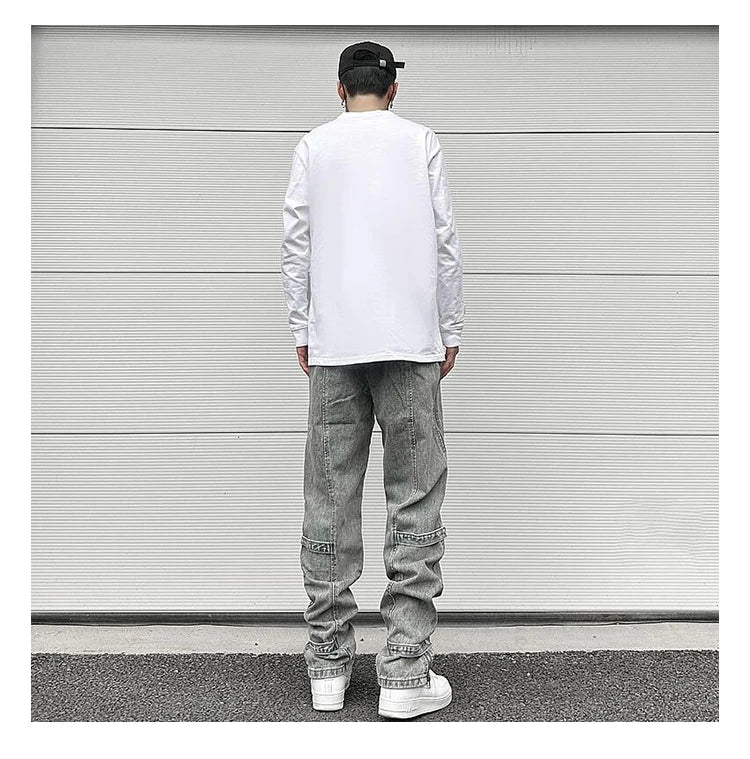 side long zipper open denim jeans mens elastic waist straight biker trousers jeans fashion streetwear hip hop jean pants joggers unique joggers style 2539