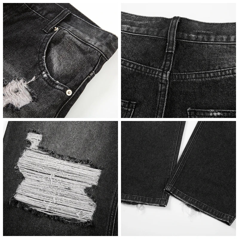 retro black blue straight oversized washed torn jeans solid color ripped jeans baggy hip hop destroyed men wide leg jeans pant unique jeans style 4815