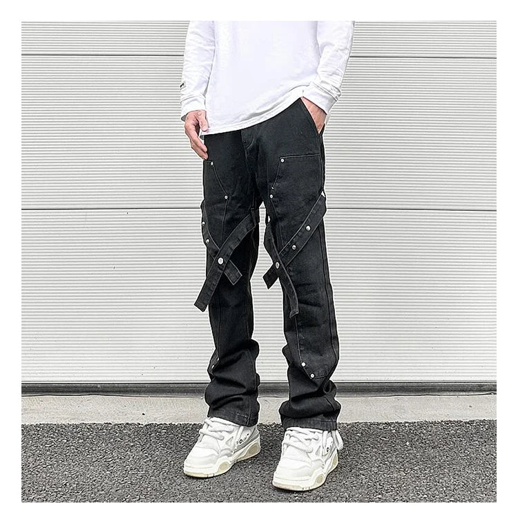 fashion knee adjust belt decoration denim jeans zipper straight jeans hip hop streetwear mens casual loose joggers jeans pants unique joggers style 2568