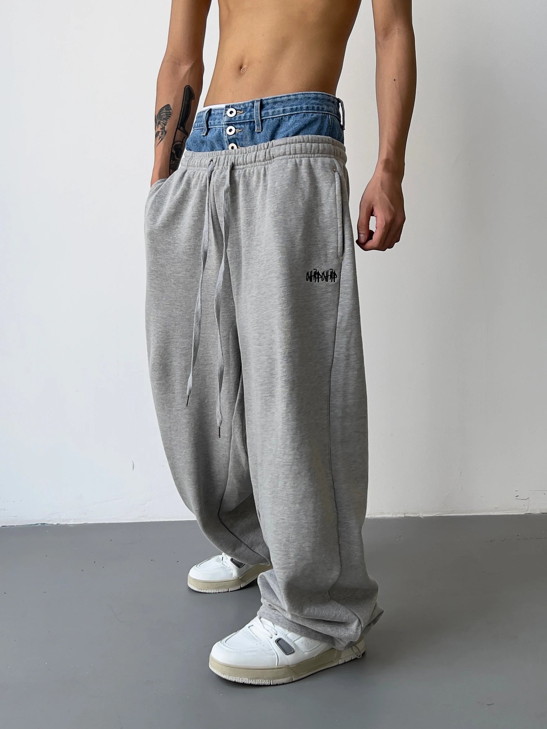 hip hop straight pants spliced button jean elastic waist pants loose trousers unisex casual drewstring sportwear pants joggers unique joggers style 146