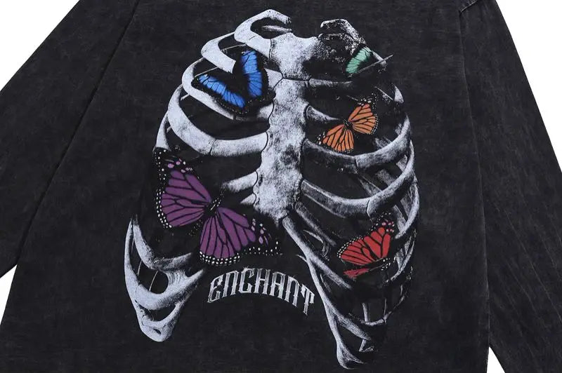 Harajuku Streetwear top – Harajuku Skeleton Printed Retro Distressed Washed T Shirt Me