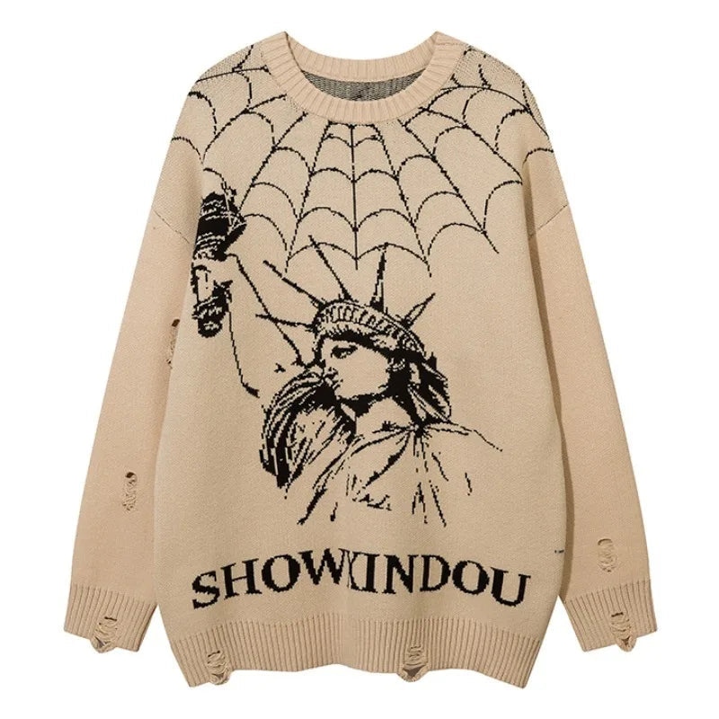 hip hop knitted sweater mens winter o neck harajuku pattern pullover streetwear casual loose pullover sweaters jumper knitwear trendy hip hop style outerwear, high quality cotton pullover, urban wear with bold artwork