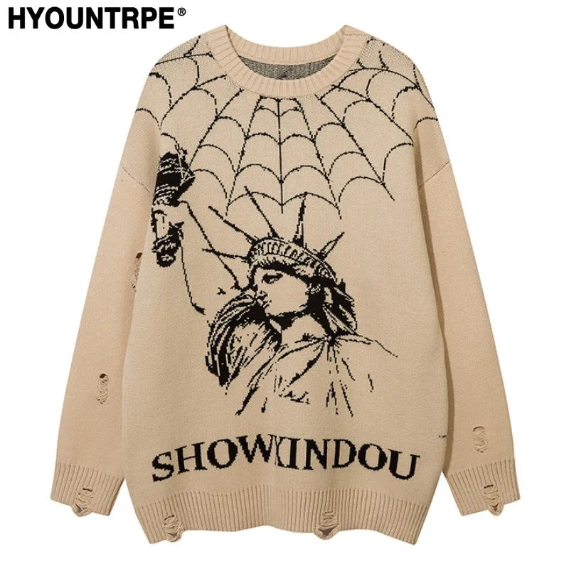 hip hop knitted sweater mens winter o neck harajuku pattern pullover streetwear casual loose pullover sweaters jumper knitwear trendy hip hop style outerwear, high quality cotton pullover, urban wear with bold artwork