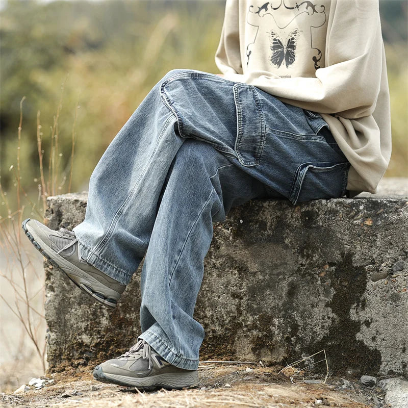 2023 spring new affordable luxury fashion retro jeans men loose straight wide leg pants boutique clothing simple style stacked flare jeans