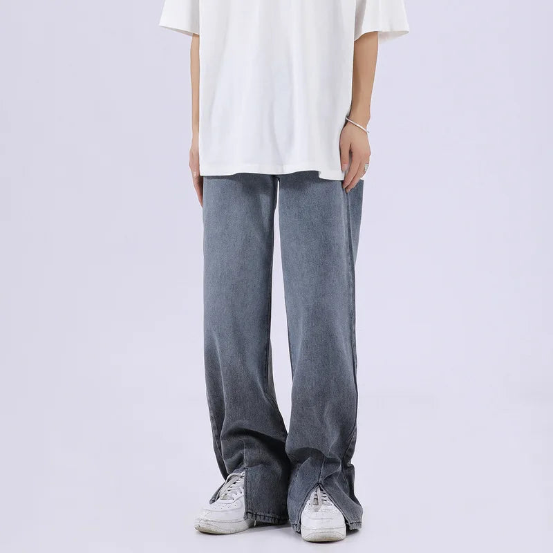 rainbowtouches mens washed jeans vintage high street gradient fashion trends zipper jeans loose straight long pant casual pants unique jeans style 3507