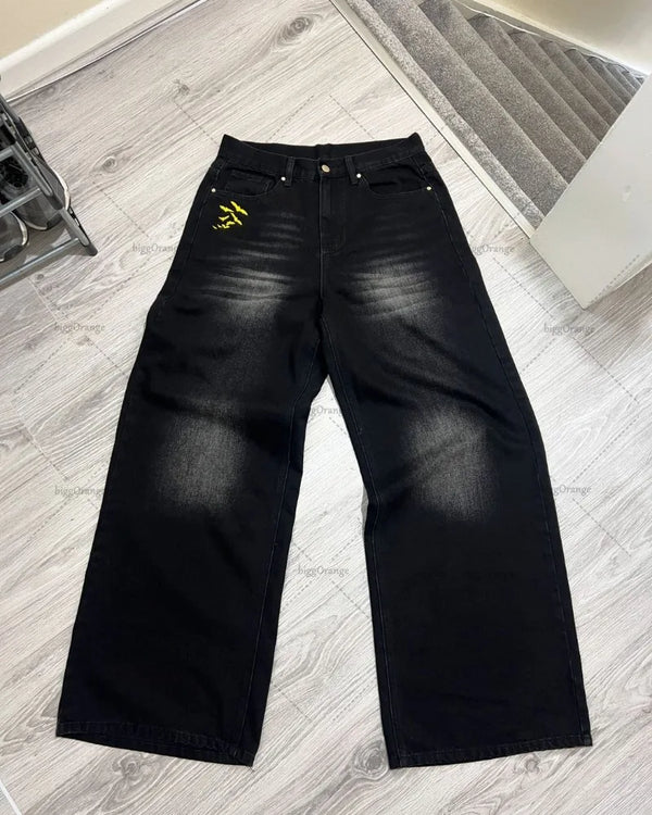 american style baggy oversized jeans y2k harajuku retro hip hop streetwear gothic bat pattern casual straight wide leg pants men urban skinny jeans