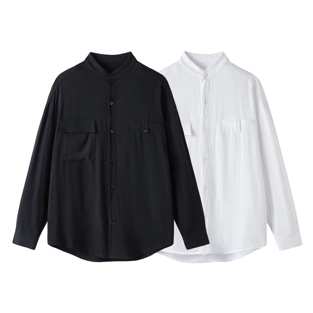 Men Loose Casual Streetwear Fashion Stand Collar Long Sleeve Black White Oversize Shirt Couple Plus Size Shirts Blouses