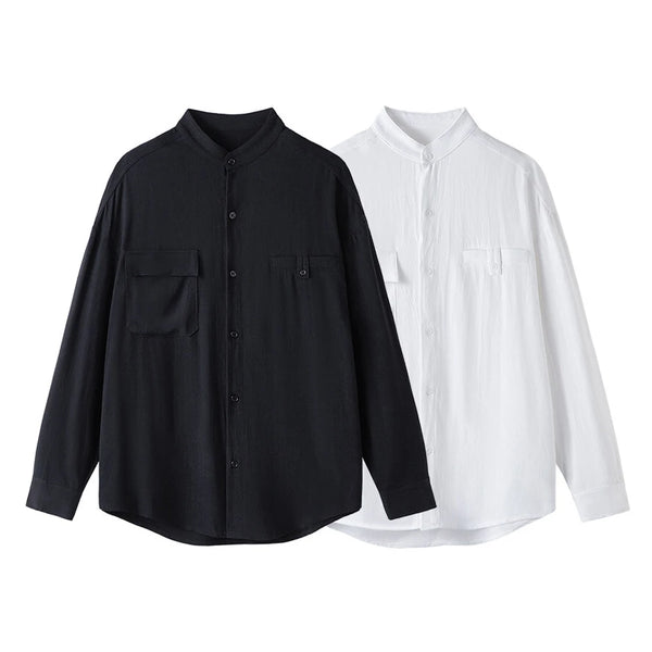 Men Loose Casual Streetwear Fashion Stand Collar Long Sleeve Black White Oversize Shirt Couple Plus Size Shirts Blouses