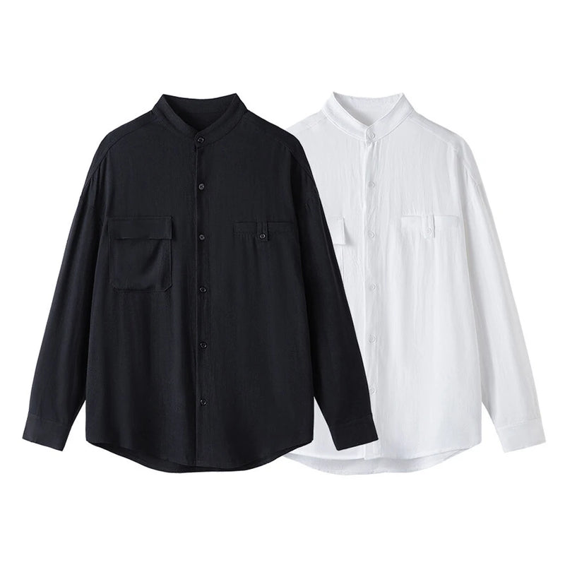Men Loose Casual Streetwear Fashion Stand Collar Long Sleeve Black White Oversize Shirt Couple Plus Size Shirts Blouses