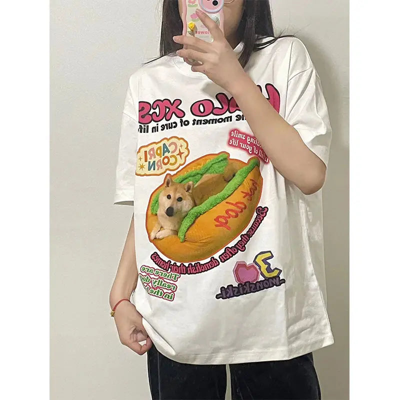 Y2K Graphic Tee – New Apricot American Vintage Creative Animal Hot Dog Cartoon – Modern Streetwear for Everyone