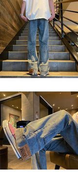 autumn vintage high street straight washed denim jeans for men and women trendy hip hop personality inverted loose casual pants unique jeans style 640
