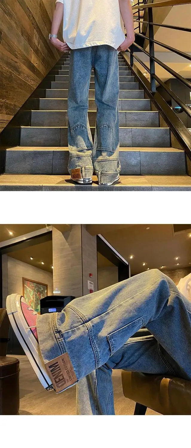autumn vintage high street straight washed denim jeans for men and women trendy hip hop personality inverted loose casual pants unique jeans style 640