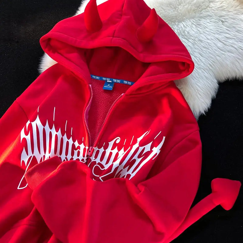 Y2K Kawaii Devil Horn Tail Hip Hop Badge Print Hoodies Cardigan Couple