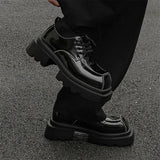 Men Streetwear Dark Black Fashion Thick Sole Platform PU Leather Casual Luxury High Street Increase Square Derby Shoes Man