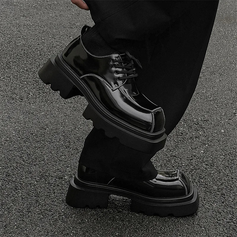 Men Streetwear Dark Black Fashion Thick Sole Platform PU Leather Casual Luxury High Street Increase Square Derby Shoes Man