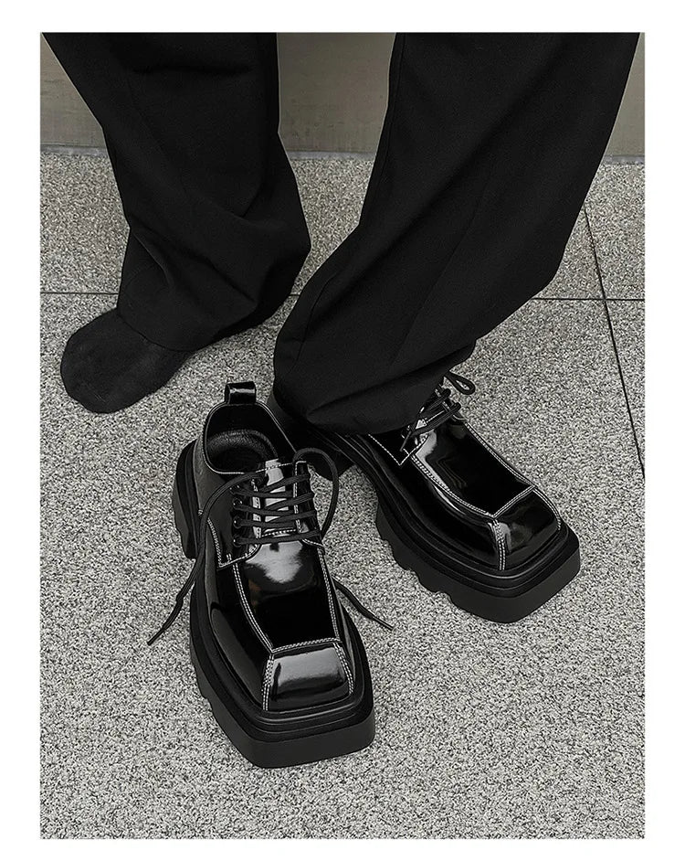 Men Streetwear Dark Black Fashion Thick Sole Platform PU Leather Casual Luxury High Street Increase Square Derby Shoes Man