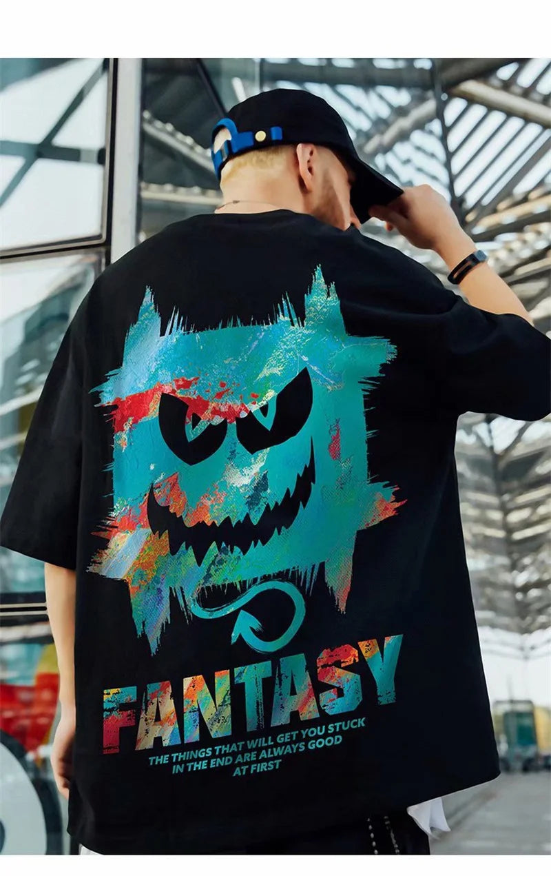 Skatercore Chrome print – Harajuku Devil Graffiti Print Oversized Tee Shirts Men Summer