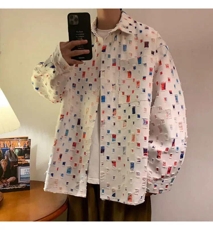 Cotton Hollow Out Shirt Men Oversized Fashion Casual Color Plaid Shirt Men Streetwear Loose Long Sleeved Shirt Mens Hole Shirts