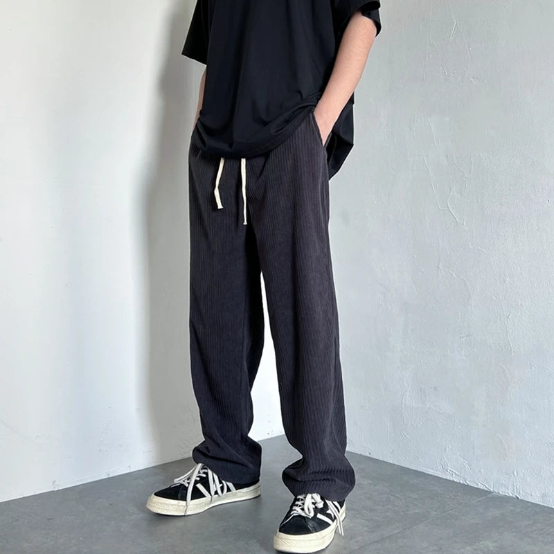 4 colors drawstring corduroy pants men fashion cotton casual pants men streetwear hip hop loose straight pants mens trousers menswear bottoms