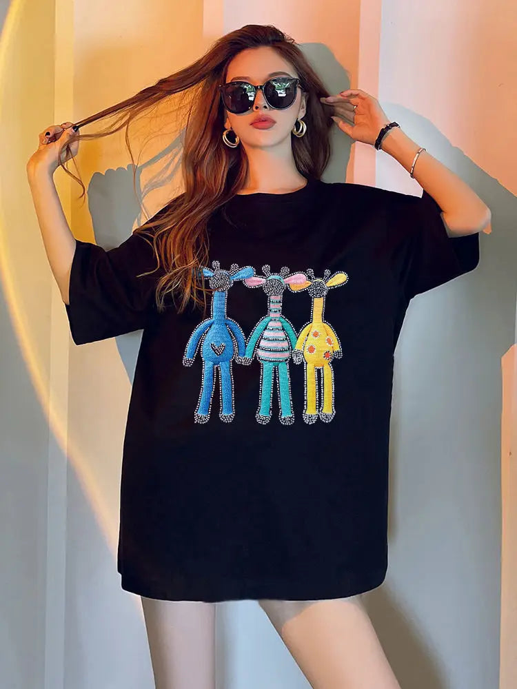Gothic Aesthetic print tee – New Luxury Sweet Girl Giraffe Diamonds Crystals T Shirts Kor