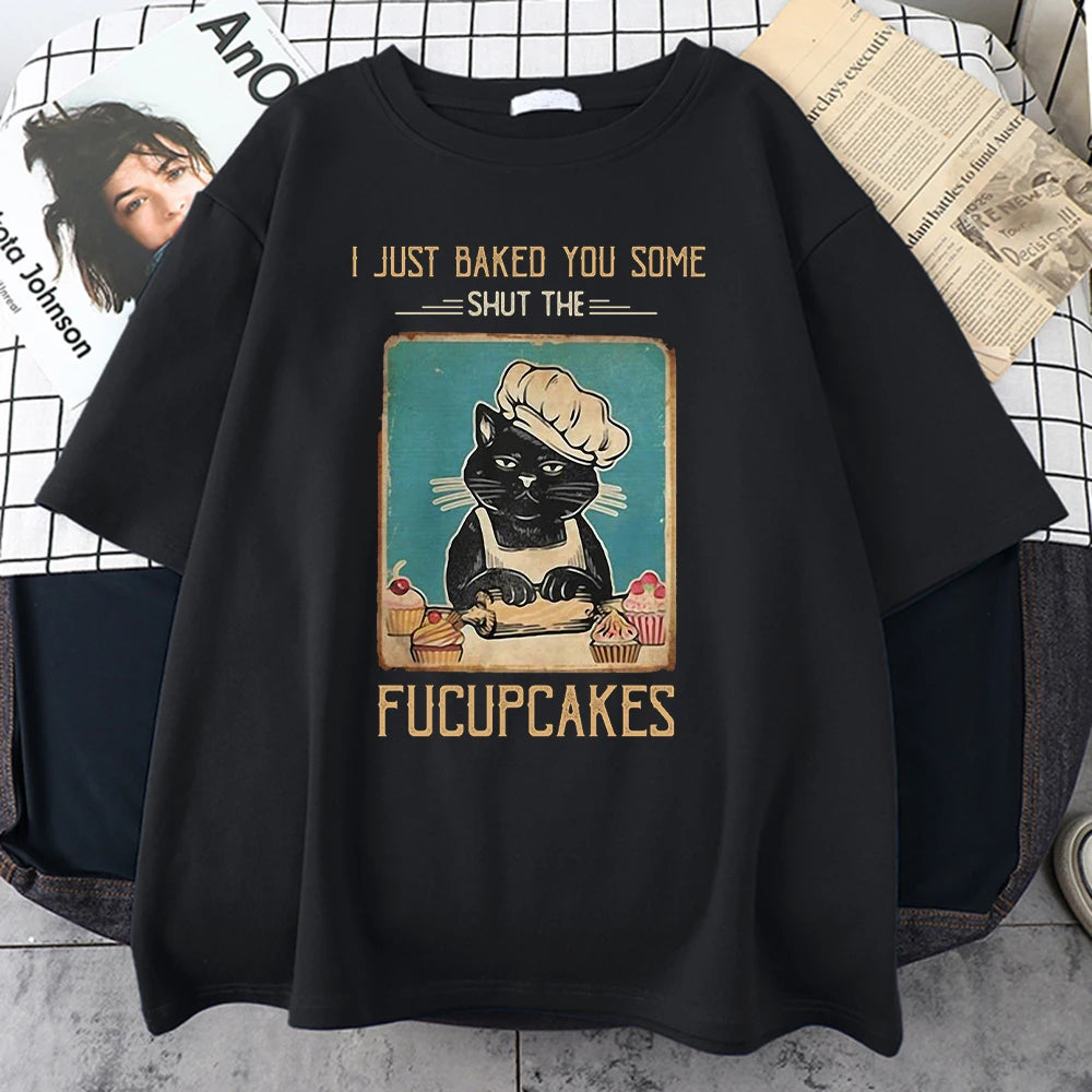 Anime Oversized shirt – Hardworking Cake Chef Cat Tshirt Man Printed Trendy Streetwe