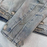 graphic outerwear featuring collarless wash denim motorcycle jacket design – premium quality jacket for men