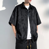 Mens Chinese Loop Buckle Jacquard Design Shirt Daily Casual Personality Versatile Loose Short-sleeve Tops Unisex 2024 Summer