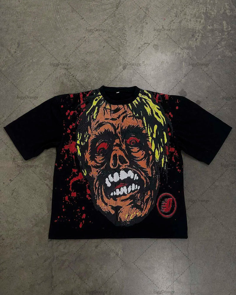 Skatercore Melting smiley – 2023 New Gothic Punk Devil Pattern Print Oversized T Shirt M