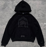 techwear street knit hoodie with oversized flame detail for urban fall winter outfits, street fashion menswear trend for seas
