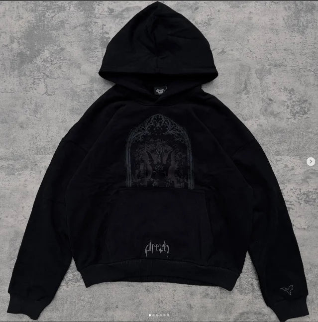 techwear street knit hoodie with oversized flame detail for urban fall winter outfits, street fashion menswear trend for seas