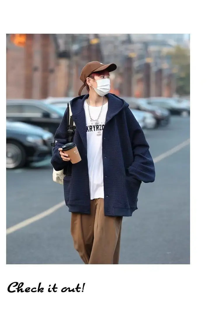 Korean Retro Y2K Waffle Hooded Jacket for Men and Women Ins Harajuku Style Casual Loose