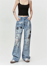 men baggy ripped jeans graffiti printed straight denim pants distressed jeans male streetwear hip hop jeans trousers y2k unique jeans style 5597