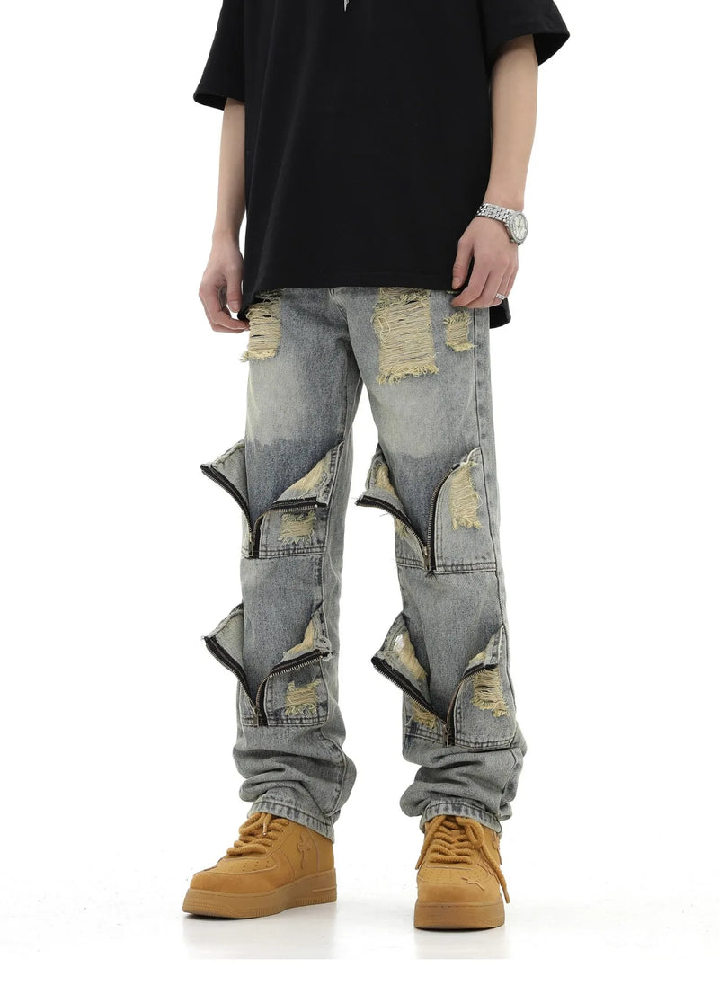 high street zipper open decoration biker jeans women ripped denim straight jean pant men motorcycle trouser unisex hip hop pants unique jeans style 3650