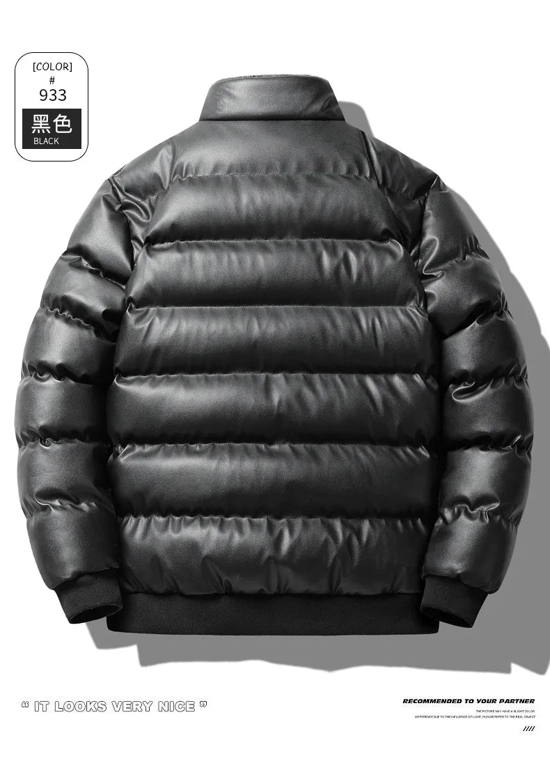 Winter new men's cotton thickened jacket slim stand-up collar splicing PU leather large pocket cotton-padded coat men