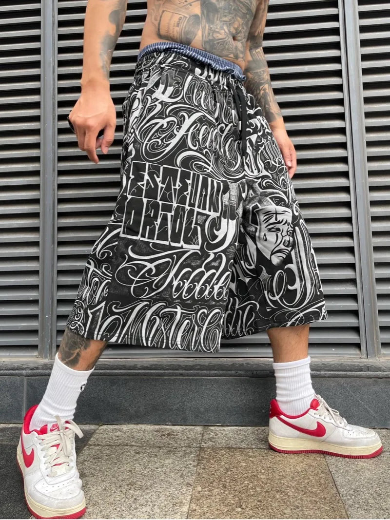 2 pieces sets mens fashion harajuku printed single breasted shirts and drawstring capris short pants joggers new streetwear sets unique joggers style 4443