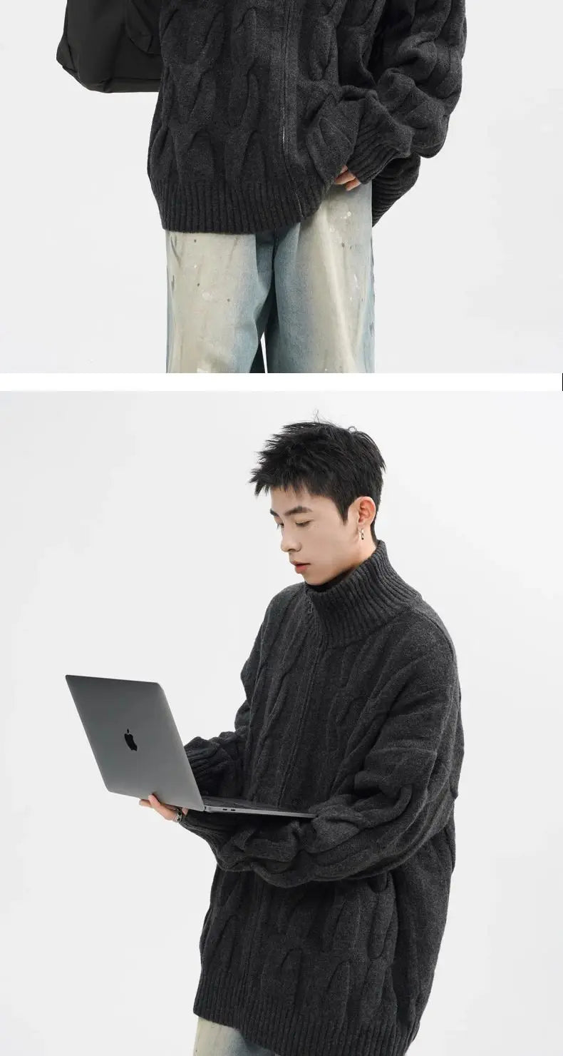 Autumn and Winter American New Style Men and Women Trendy Personalized Stand up Collar Knitted Shirt Couple Loose Retro Simple
