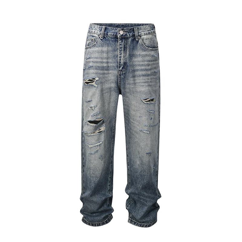 distressed frayed hole washed baggy jeans pants unisex pantalones hombre streetwear y2k straight casual denim trousers oversized ripped baggy denim