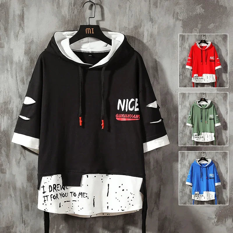 Men Fashion Ribben Hoodie Summer Short Sleeve Hoodies Mens Hoodies