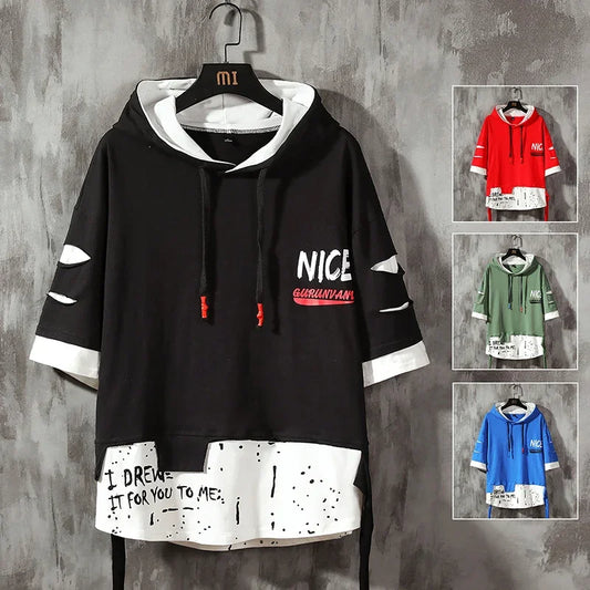 Men Fashion Ribben Hoodie Summer Short Sleeve Hoodies Mens Hoodies