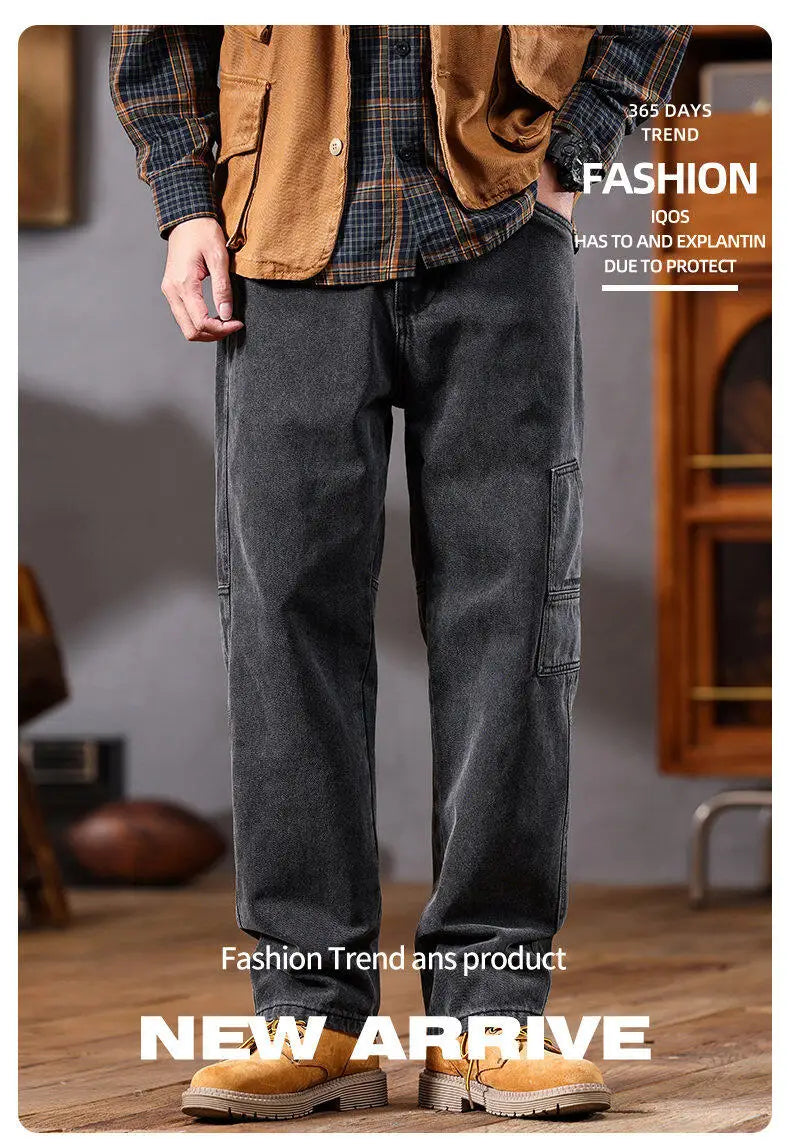 men retro fashion streetwear loose casual plus size straight denim cargo jeans pants man black gray jeans trousers unique cargo style 1978