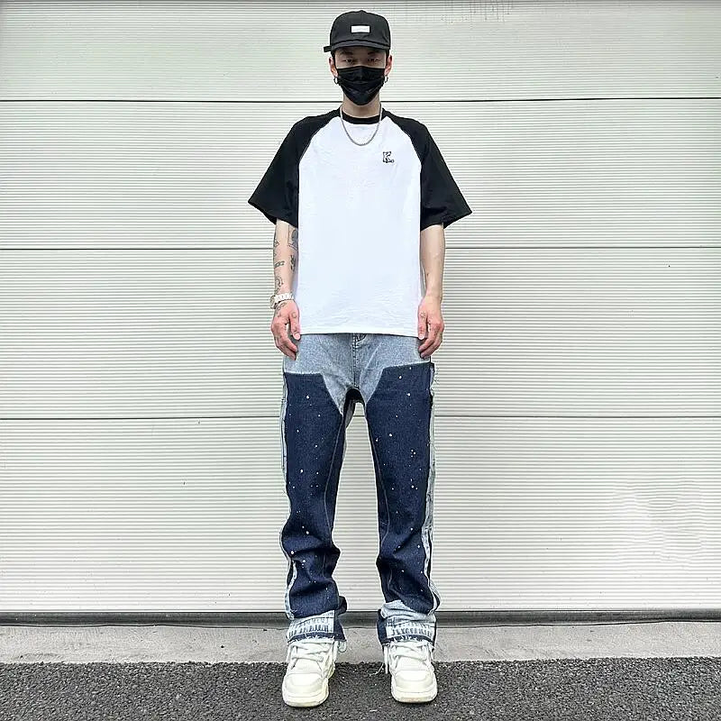 color washed denim mens jeans pants fashion graffiti patchwork loose biker red jeans streetwear hip hop casual straight pants unique jeans style 5191