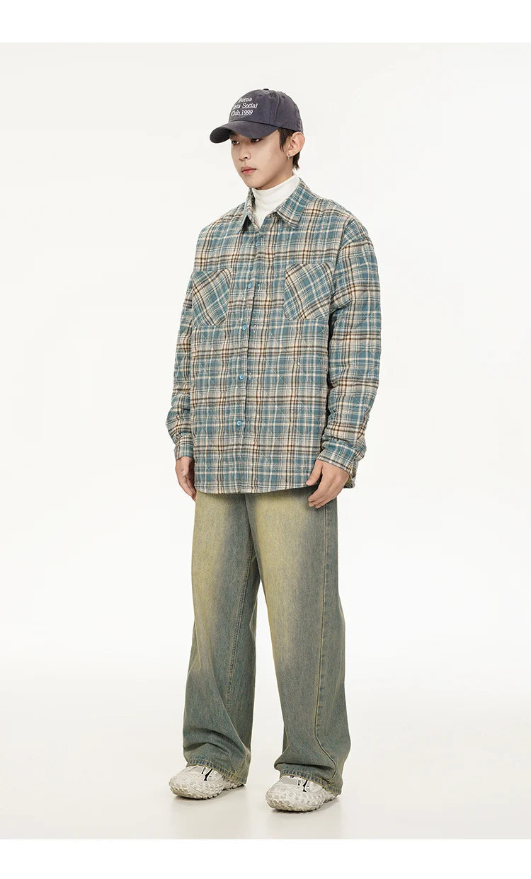 Autumn Winter Men Streetwear Fashion Loose Casual Oversize Plaid Cotton-padded Shirt Style Parkas Jacket Campus Couple Coat