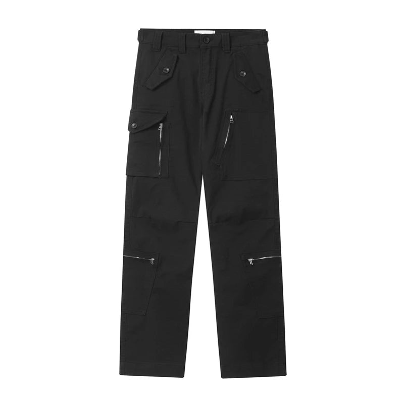 2023 new arrivals pocket zipper black hip hop men cargo jeans pants retro washed straight baggy cotton denim trousers pantalones combat utility trousers
