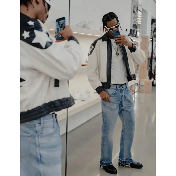kanye west heavy industry high street jeans straight tube washed knives cut ground edges sagging jeans pants holes for men stacked flare jeans