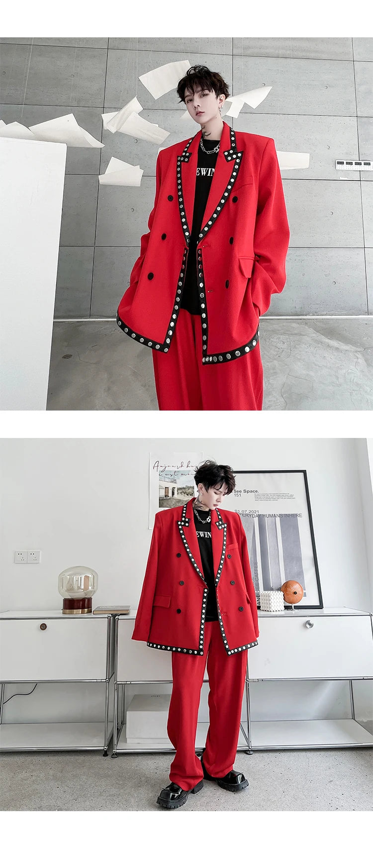 men streetwear fashion loose casual rivet hip hop party dress 2 piece suits blazers jacket pant sets stage clothing costume unique default style 1545