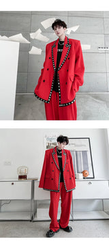 men streetwear fashion loose casual rivet hip hop party dress 2 piece suits blazers jacket pant sets stage clothing costume unique default style 1545