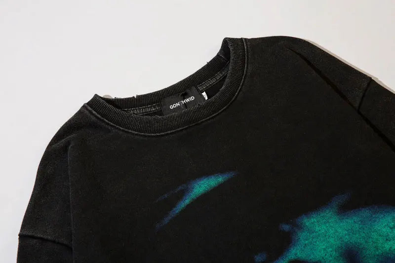 Vintage Ripped Sweatshirt Hip Hop Shadow Graphic Print Punk Goth Hoodi